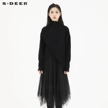 sdeer圣迪奥女装2022春季新款高领网纱针织两件套连衣裙S221Z1234图片