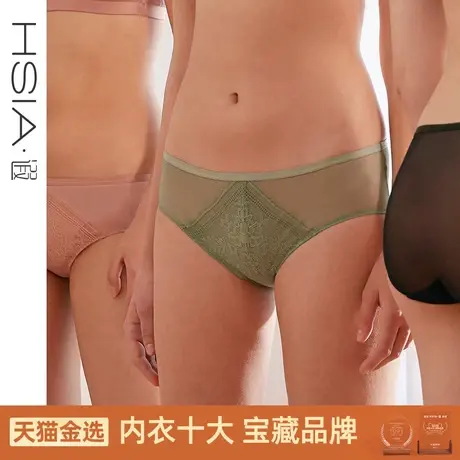 HSIA遐性感内裤女纯棉底裆超薄款透气网纱绑带睫毛蕾丝中腰平角裤图片