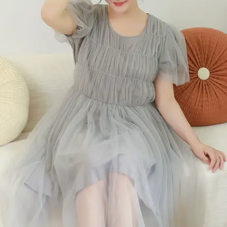 胖妹妹夏季2023新品重工网纱飘逸长裙 加大码微胖复古宽松仙女裙图片