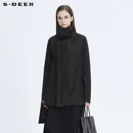 sdeer圣迪奥冬季时尚立领罗纹拼接开衩不规则黑色风衣女S19481753图片