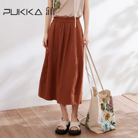 蒲PUKKA 全腰橡筋苎麻天丝美拉德优雅气质半身裙图片