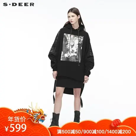 sdeer圣迪奥字母装饰面料拼接开衩下摆设计连帽连衣裙S18481246图片