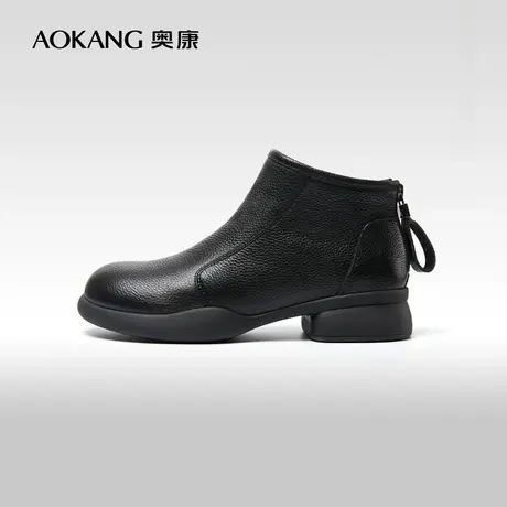 【门店发货】奥康女鞋 2023冬季新款真皮短靴圆头厚底奶奶棉鞋图片