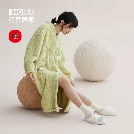 红豆居家睡袍女冬珊瑚绒家居服睡裙可外穿加厚暖暖绒秋冬保暖浴袍图片