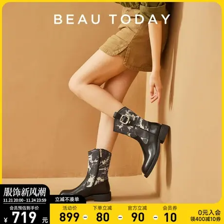 BeauToday西部牛仔靴女复古真皮中筒靴拼接BT厚底英伦风小众女靴图片