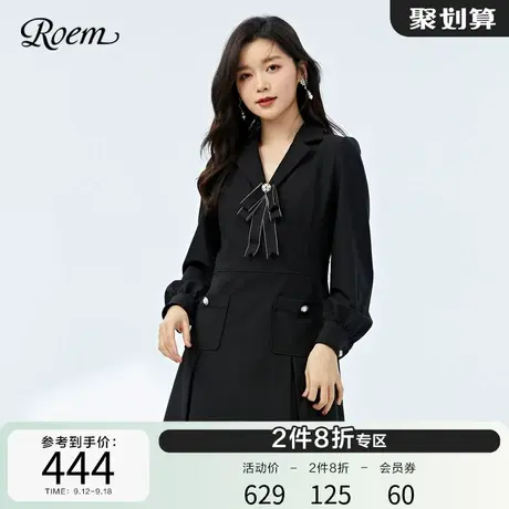 Roem秋冬新品黑色领结设计纽扣撞色小香风法式通勤连衣裙女图片