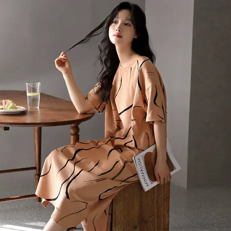 婷美纯棉薄款短袖睡裙女士夏季休闲外出过膝连衣裙夏天睡衣家居服图片