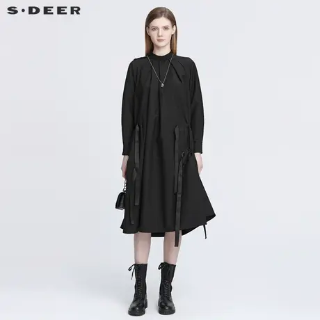 sdeer圣迪奥女装2022春季新款圆领收腰飘带不规则连衣裙S22161219图片