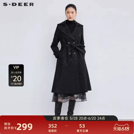 【反季清仓】sdeer圣迪奥女装休闲翻领收腰长款大衣S224Z2528商品大图