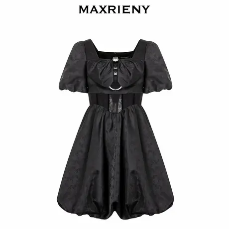 MAXRIENY蕾丝花苞连衣裙夏日泡泡袖小黑莓裙图片
