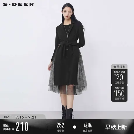 sdeer圣迪奥秋装西装领单排扣收腰网纱拼接长款风衣S21381812图片