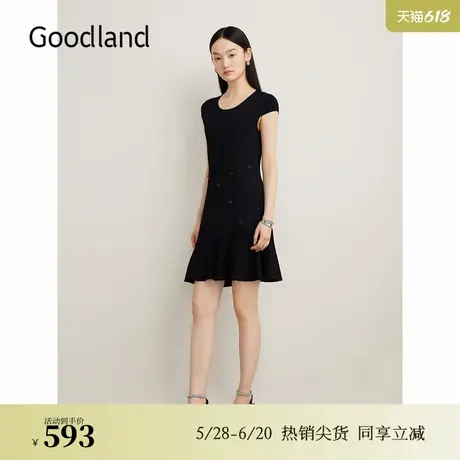 Goodland美地夏季法式优雅收腰小黑裙修身针织连衣裙图片
