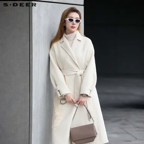 sdeer圣迪奥冬季女装复古西装领收腰绣花双面呢大衣S24482510图片