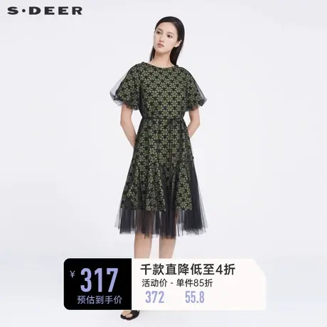 sdeer圣迪奥碎花连衣裙圆领收腰网纱泡泡袖长裙S223Z1278图片