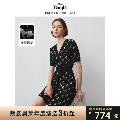 【迪士尼小鹿斑比系列】朗姿2023秋新款法式黑色V领针织连衣裙子图片
