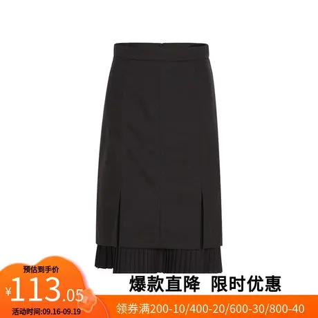 【艾格】2023春季新款高腰半身裙女简约百褶拼接拉链中长款A字裙图片
