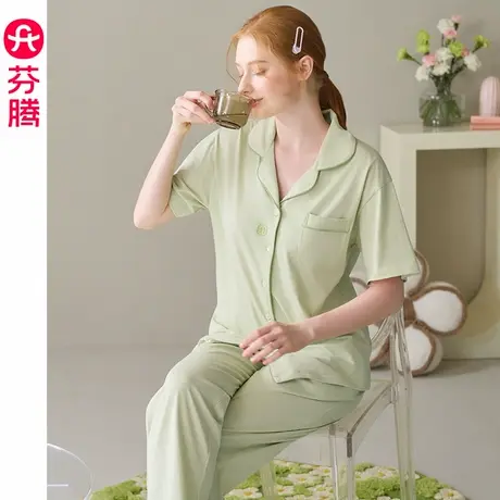 芬腾纯棉睡衣女夏季薄款短袖长裤套装女款休闲透气大码全棉家居服图片