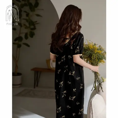 妮狄娅睡衣女夏季凉感柔软棉短袖睡裙法式方领复古风中长裙家居服图片