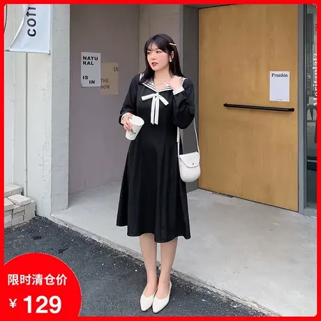 2023秋新款海军领学院风减龄显瘦中长款过膝遮肉胖MM连衣裙大码图片