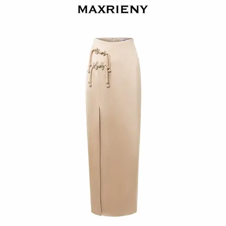 MAXRIENY新中式高开叉缎面长裙裙子图片