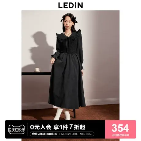[预]乐町甜美翻领连衣裙23年秋冬新款长袖小黑裙优雅娃娃领连衣裙图片