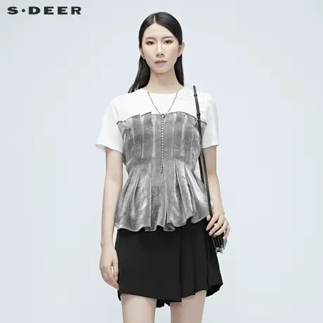 sdeer圣迪奥夏季气质不规则雪纺拼接腰带T恤女S20280127图片