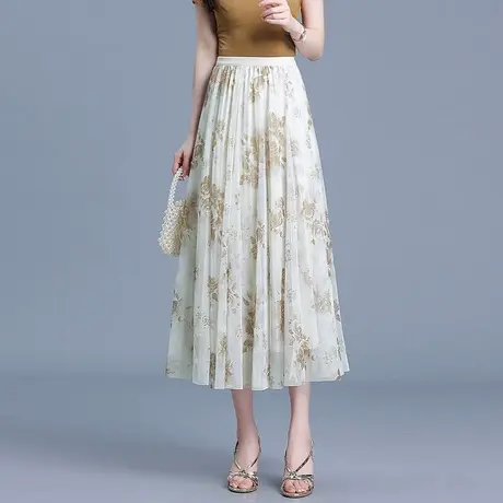 两面穿碎花网纱半身裙女2025夏季新款高腰显瘦A字裙松紧腰中长裙图片