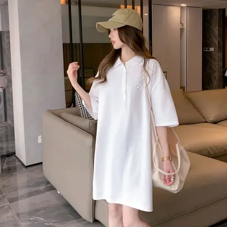唐狮夏季polo裙白色衬衫连衣裙女新款短袖宽松休闲气质女装r2图片