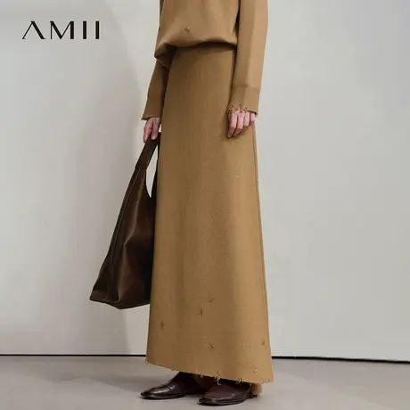 Amii2025秋新款极简纯色通勤风百搭长款合体弹力管珠绣半身裙图片