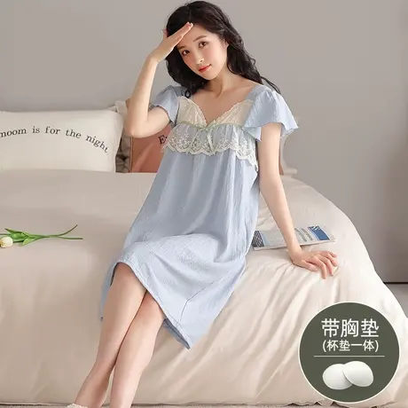 睡裙女带胸垫夏季薄款大码宽松短袖睡衣可外穿性感蕾丝V领连衣裙图片