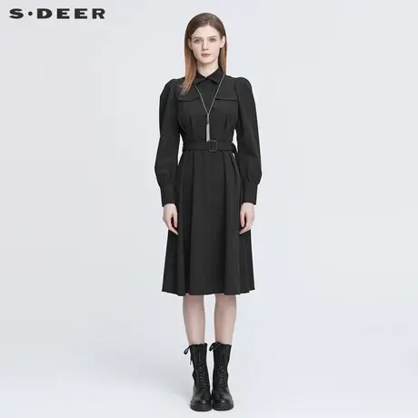 sdeer圣迪奥2022新款休闲收腰压褶通勤黑色衬衫连衣裙S22161201图片