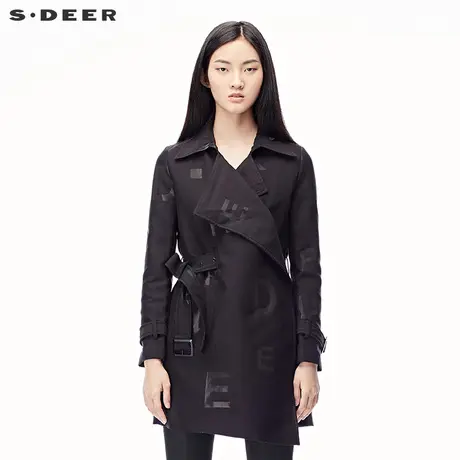 sdeer圣迪奥春装字母印花系腰斜襟翻领中长款风衣外套女S17381843图片