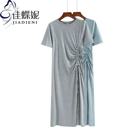 春夏新款韩版圆领纯棉修身纯色加长款短袖体恤连衣裙打底内搭女装图片