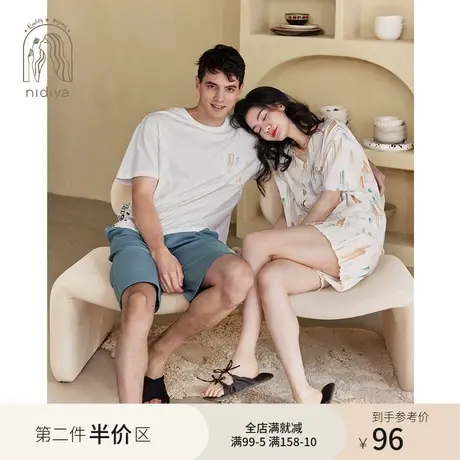 妮狄娅情侣睡衣女夏季纯棉短袖开衫男简约套头休闲外穿家居服套装图片