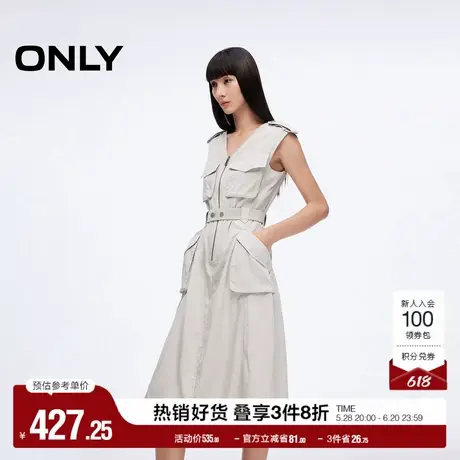 ONLY2025夏季新款工装风大口袋腰带纯色V领中长裙无袖连衣裙女图片