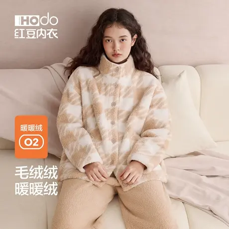 红豆杨梅绒睡衣女加厚格纹可外穿珊瑚绒防静电保暖新款家居服套装图片