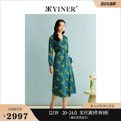 【真丝系列】YINER音儿女装秋季优雅印花V领艺术皱褶收腰连衣裙图片
