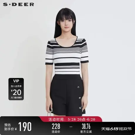 sdeer圣迪奥女装航海系简约圆领撞色条纹短袖针织衫S24283506商品大图