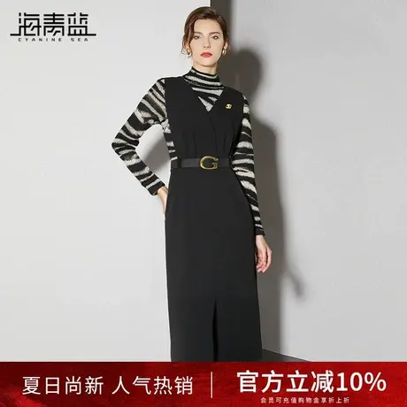 海青蓝2024秋季新款气质通勤半高领条纹上衣假两件开叉包臀连衣裙图片
