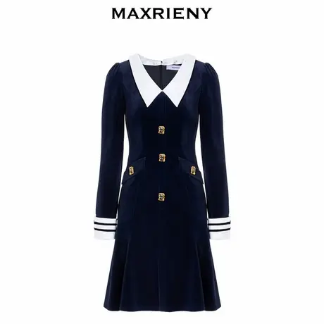MAXRIENY复古海军风丝绒鱼尾裙法式复古连衣裙图片