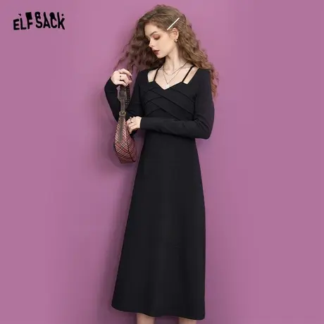 【夏天粉丝专享】妖精的口袋法式黑色镂空长袖连衣裙女2023冬新款图片