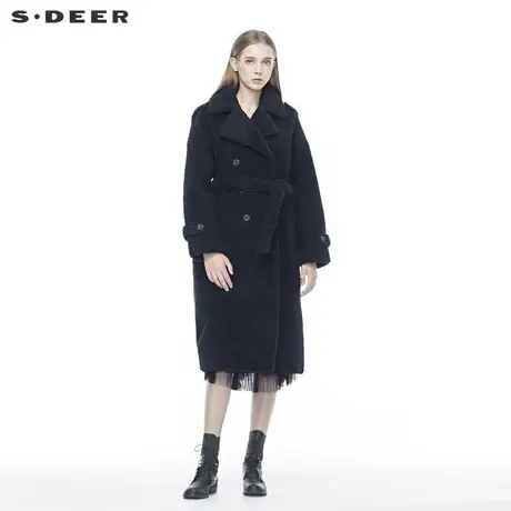 sdeer圣迪奥秋冬翻领双排扣H型韩版收腰羊羔绒大衣S184818A7图片