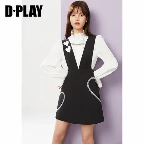 DPLAY新甜美少女感背带裙高腰黑色短裙图片