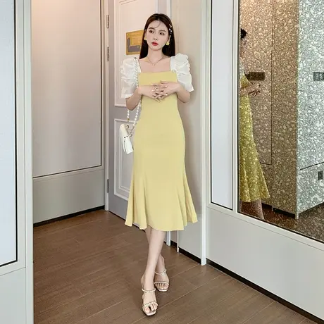 法式初恋温柔风连衣裙女常数方领泡泡袖气质修身珍珠荷叶边鱼尾裙图片