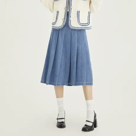 乐町夏季春秋百搭浅蓝基础学院风少女挺括长款牛仔百褶半裙图片