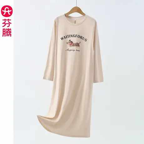 芬腾女士睡裙纯棉长袖春秋季睡衣裙大码休闲女款全棉家居裙中长裙图片