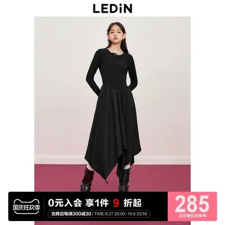 乐町针织打底小黑裙23秋季新款精致抽绳不规则设计显瘦显高连衣裙图片