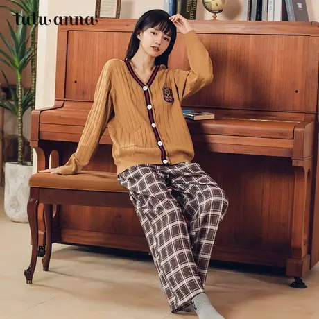 tutuanna秋冬家居服睡衣女 全棉针织衫套装可外穿透气两件套睡衣图片