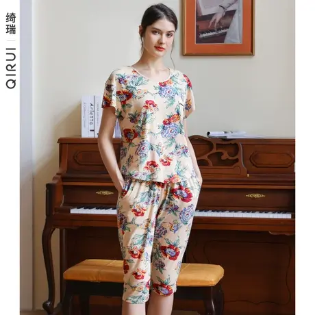 绮瑞夏季女士纯棉睡衣薄款短袖七分裤印花圆领休闲套装女夏家居服图片