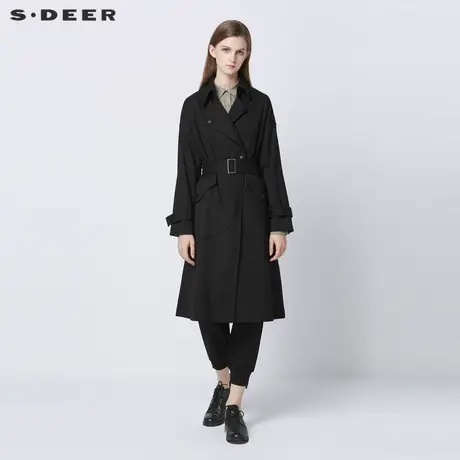 sdeer圣迪奥女装春秋装翻领收腰口袋拼接风衣外套女S21361811图片
